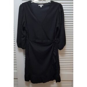 Wrap Dress 3/4 Puff Sleeve Ruffle Hem Plus Size 18/20W Cato Black Textured Wrap